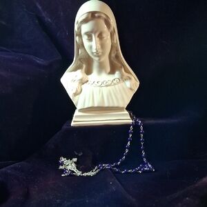 Elegant Cream Madonna  Bust of Mary with Silver and Purple Rosary